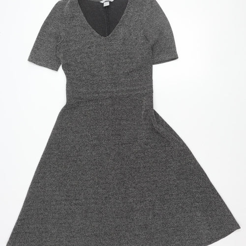 H&M Women’s Grey Fit & Flare Dress Size S V-Neck Knee Length