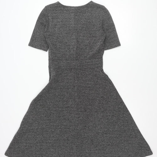 H&M Women’s Grey Fit & Flare Dress Size S V-Neck Knee Length