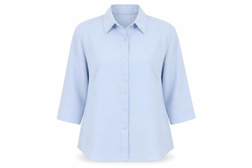 Front view of Bonmarché women’s blue, size UK 16, button-up 3/4 sleeve polyester shirt