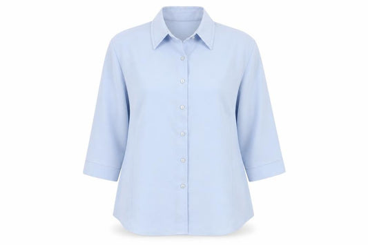 Front view of Bonmarché women’s blue, size UK 16, button-up 3/4 sleeve polyester shirt