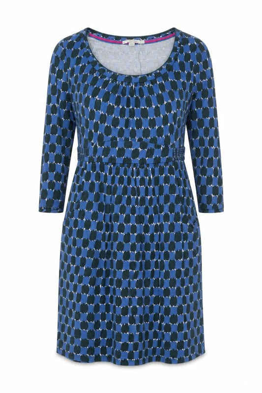 Front view of Boden women’s blue geometric fit & flare dress, size UK 12