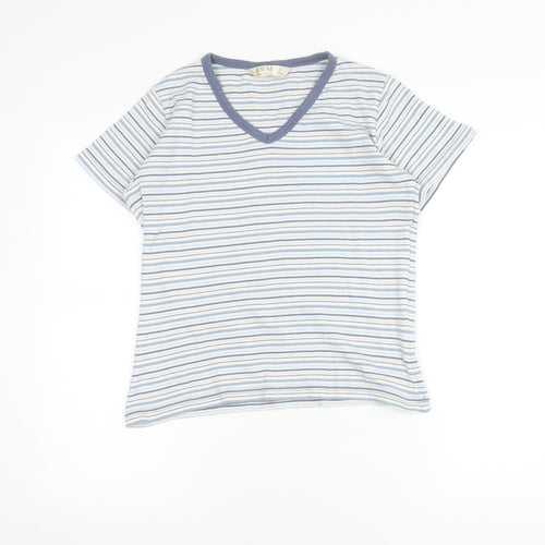 EWM Womens Blue Striped Cotton V-Neck T-Shirt Size 10