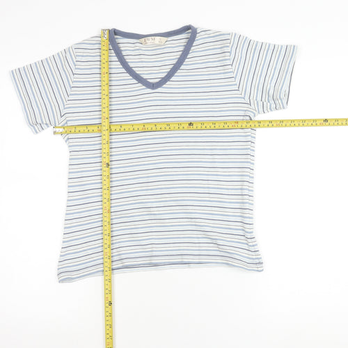 EWM Womens Blue Striped Cotton V-Neck T-Shirt Size 10