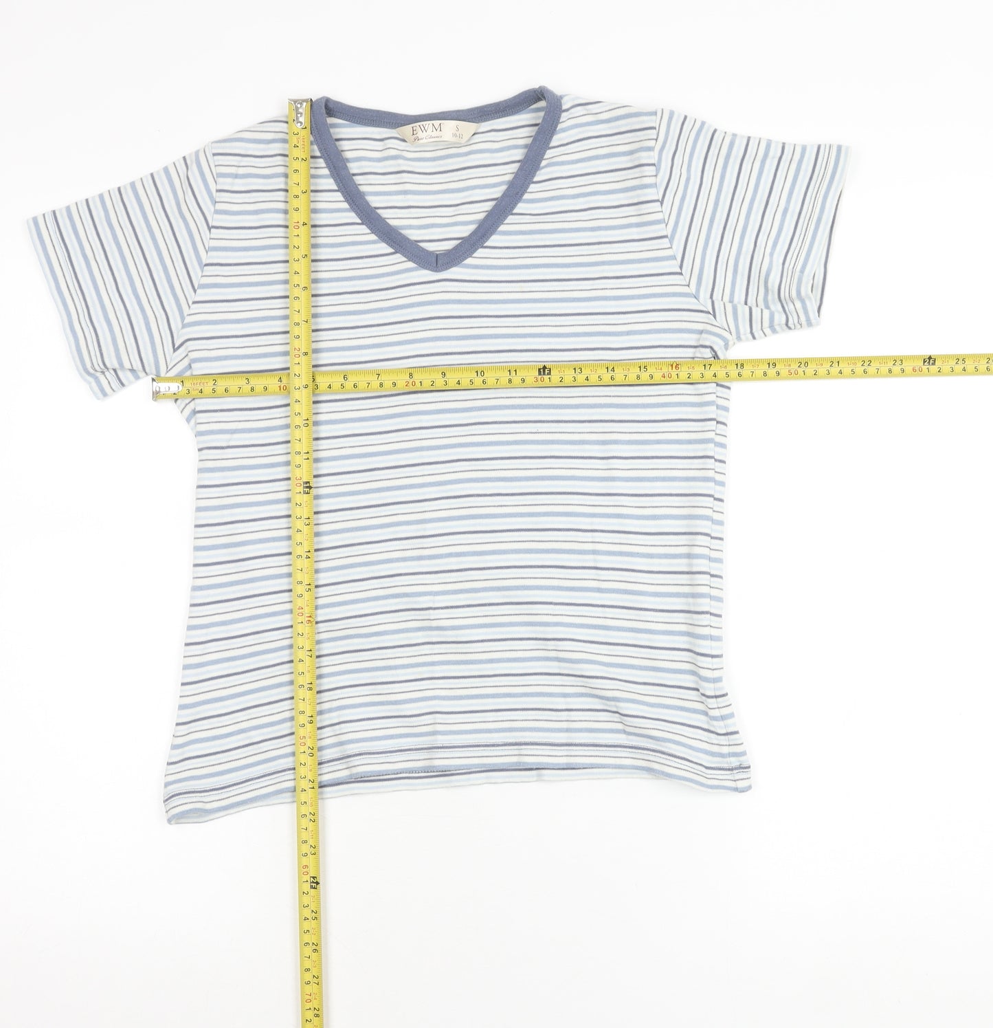 EWM Womens Blue Striped Cotton V-Neck T-Shirt Size 10