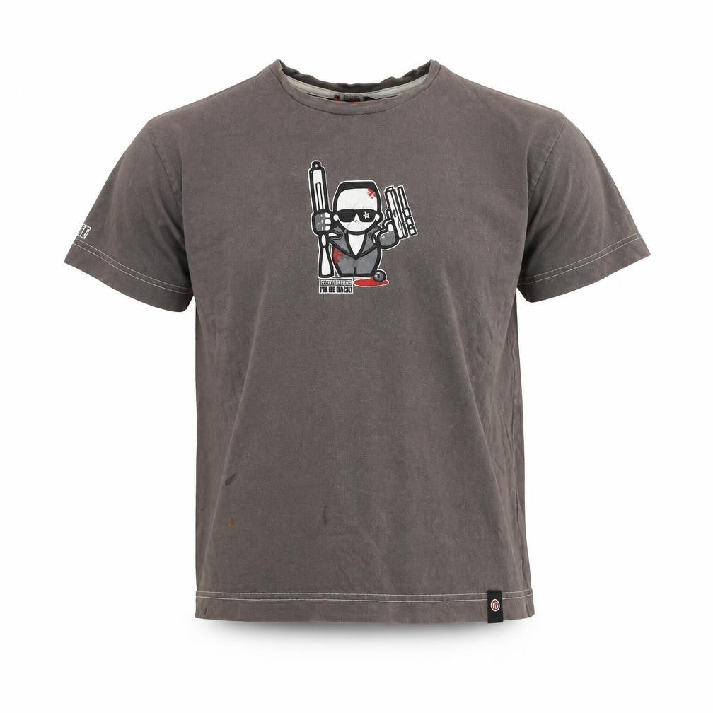 Front view of Slightly Offensive Men’s Grey Graphic Cotton T-Shirt, size S, Terminator Funny