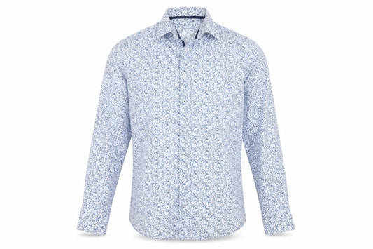 Front view of Michaelis Men's Blue Floral Cotton Long Sleeve Button-Up Shirt, size 15