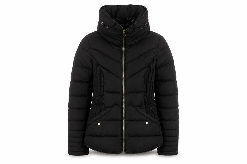 Front view of Atmosphere women’s black puffer jacket coat, size UK 6, uk winter casual