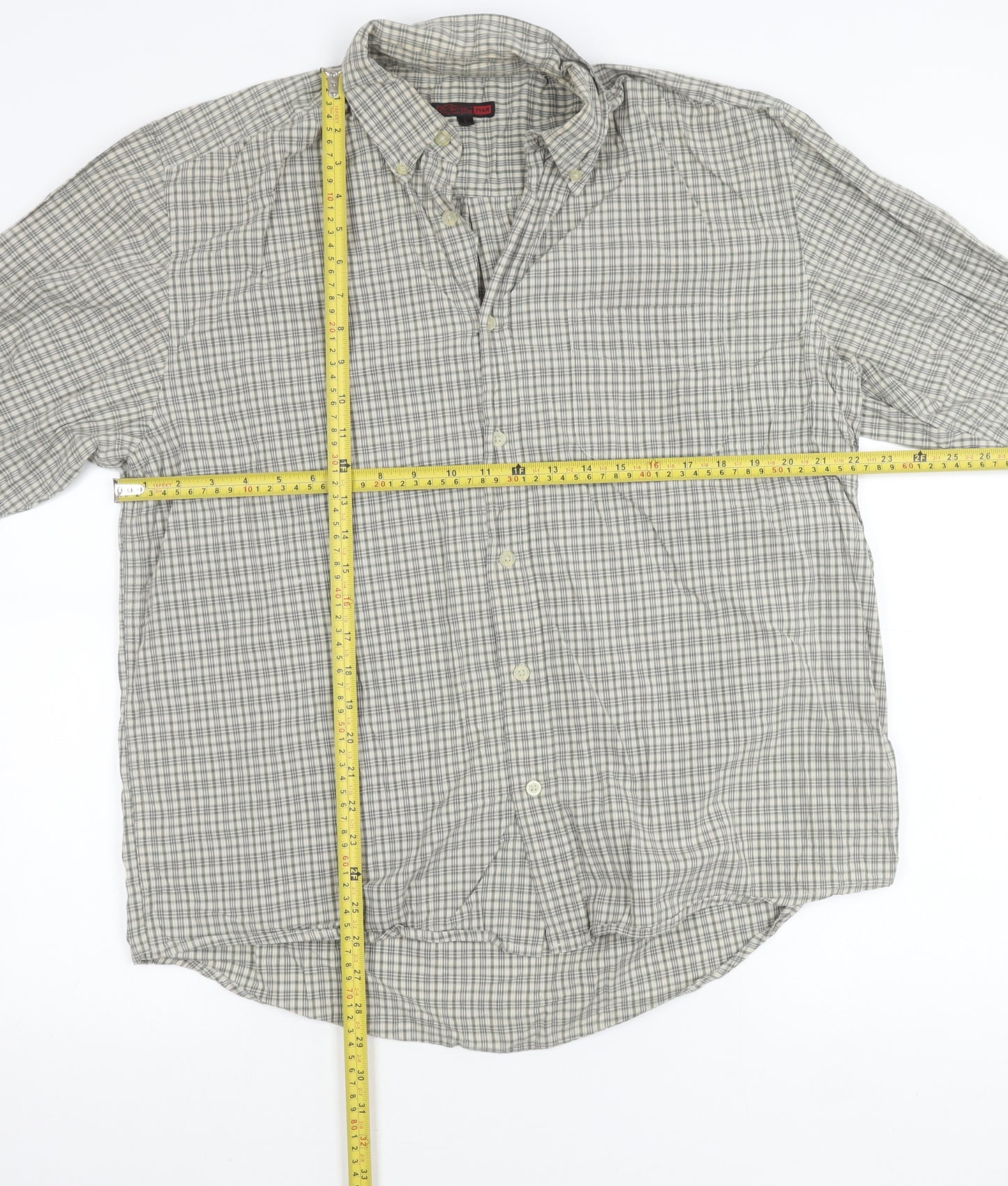 George Men’s Grey Check Long Sleeve Button-Up Cotton Shirt L