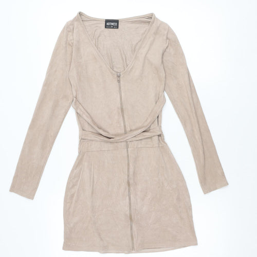 HOT!MESS Women’s Beige XS Wrap Dress Long Sleeve Velour Zip