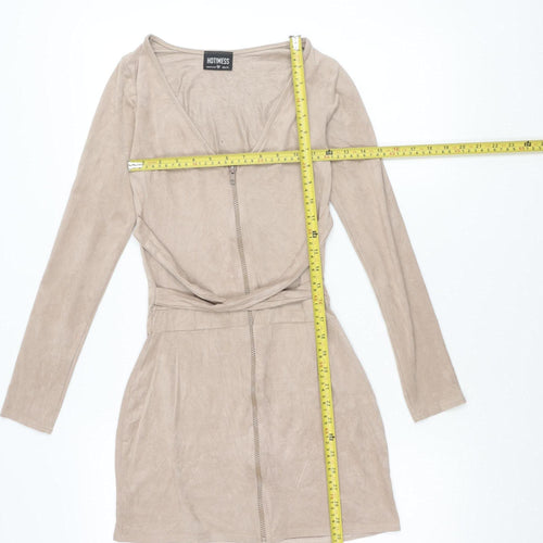 HOT!MESS Women’s Beige XS Wrap Dress Long Sleeve Velour Zip