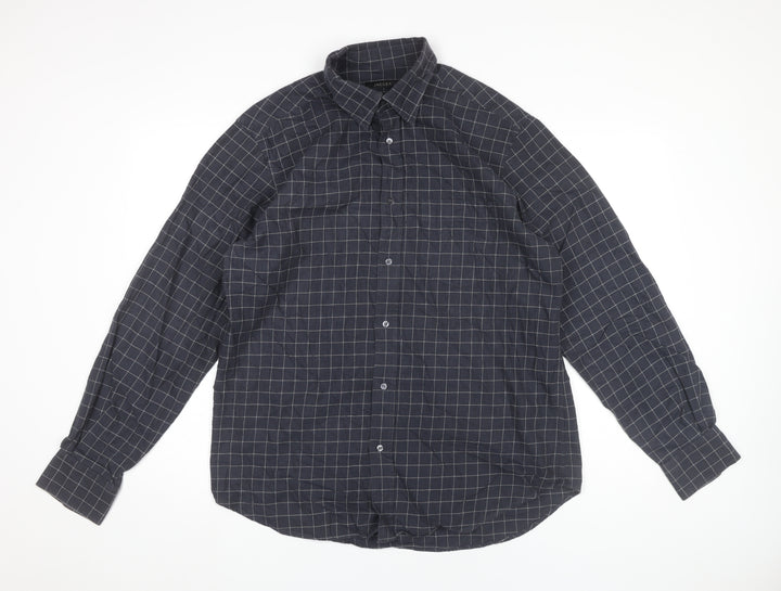 Jaeger Men's Blue XL Two Fold Cotton Check Button-Up Shirt