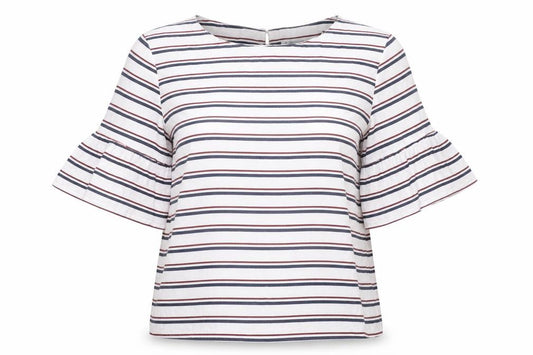 Front view of Forever New women’s striped blouse, size UK 10, multicoloured flared sleeve