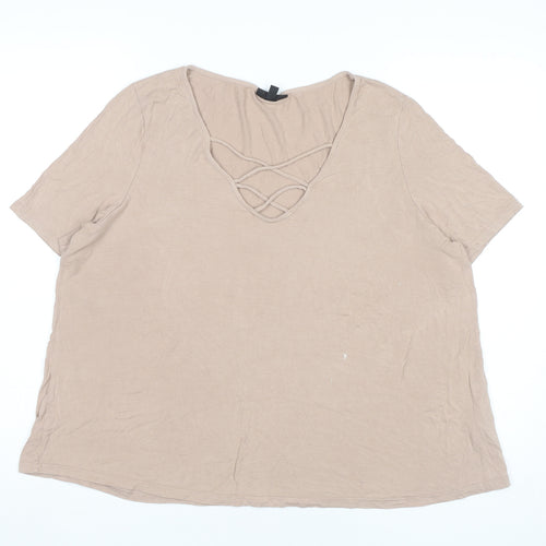 Topshop Womens Beige Size 16 Short Sleeve Cotton V-Neck T-Shirt