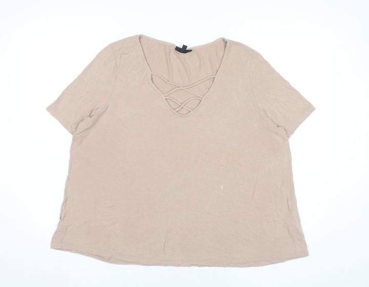 Topshop Womens Beige Size 16 Short Sleeve Cotton V-Neck T-Shirt