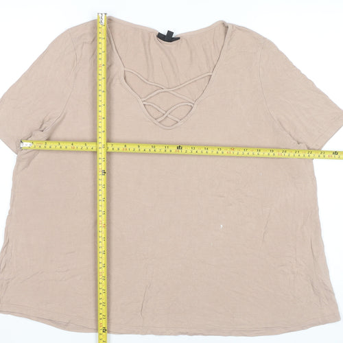 Topshop Womens Beige Size 16 Short Sleeve Cotton V-Neck T-Shirt
