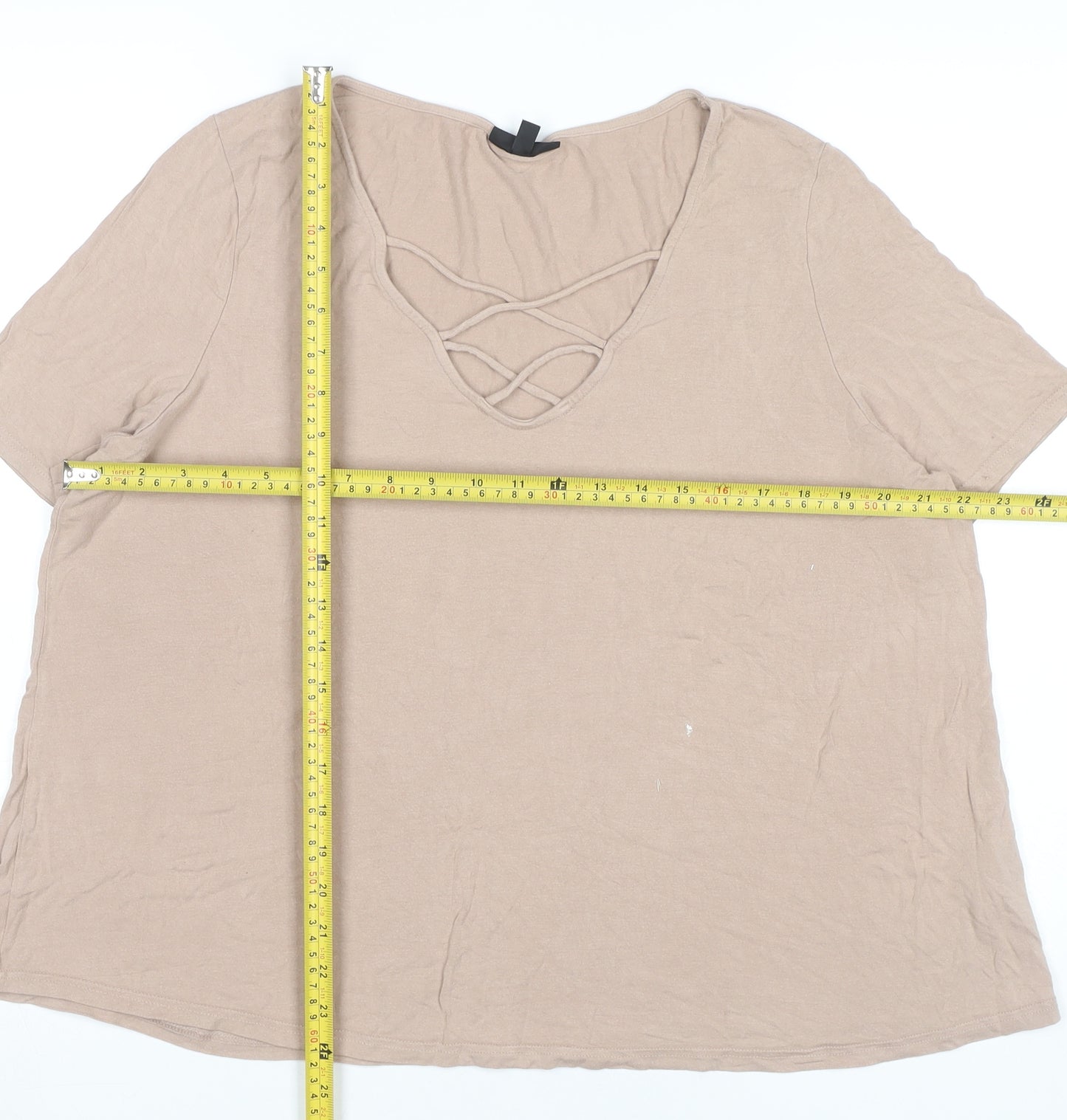 Topshop Womens Beige Size 16 Short Sleeve Cotton V-Neck T-Shirt