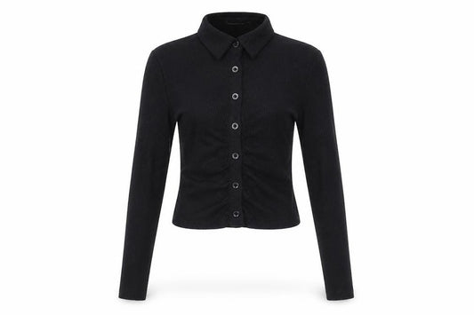 Front view of PRETTYLITTLETHING Women’s Black Cropped Button-Up Shirt, size UK 8