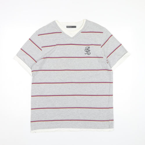 Parkes Men’s Grey Striped V-Neck T-Shirt Size L Short Sleeve Cotton Blend