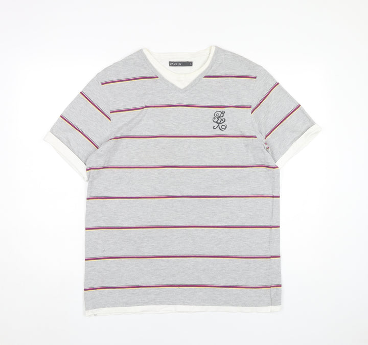 Parkes Men’s Grey Striped V-Neck T-Shirt Size L Short Sleeve Cotton Blend