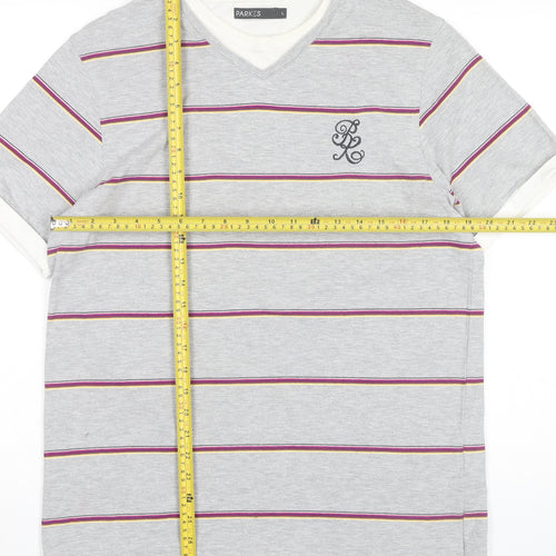 Parkes Men’s Grey Striped V-Neck T-Shirt Size L Short Sleeve Cotton Blend