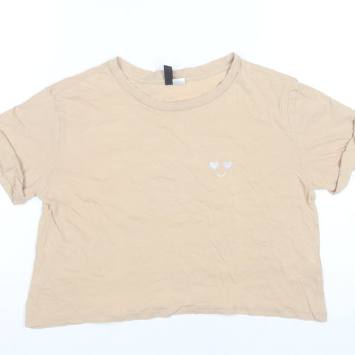 H&M Divided Women’s Beige Cropped T-Shirt Size 8 Embroidered