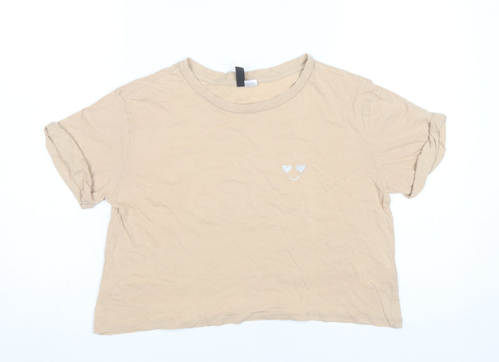 H&M Divided Women’s Beige Cropped T-Shirt Size 8 Embroidered