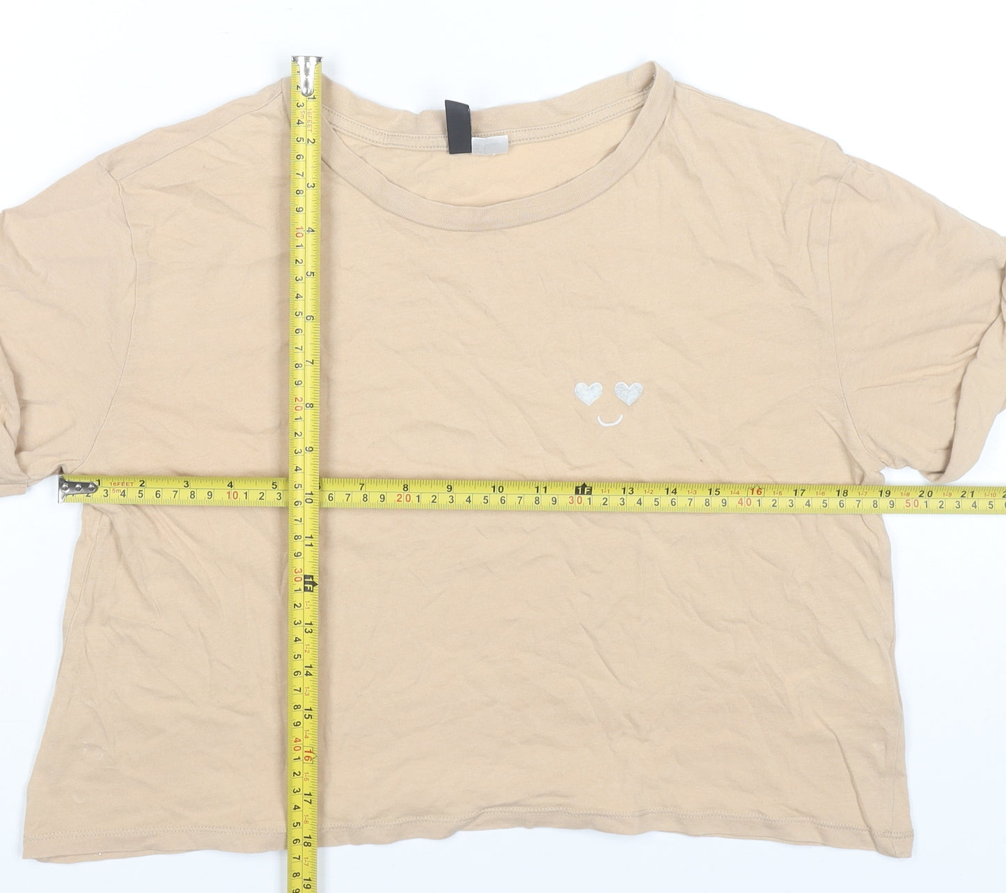 H&M Divided Women’s Beige Cropped T-Shirt Size 8 Embroidered