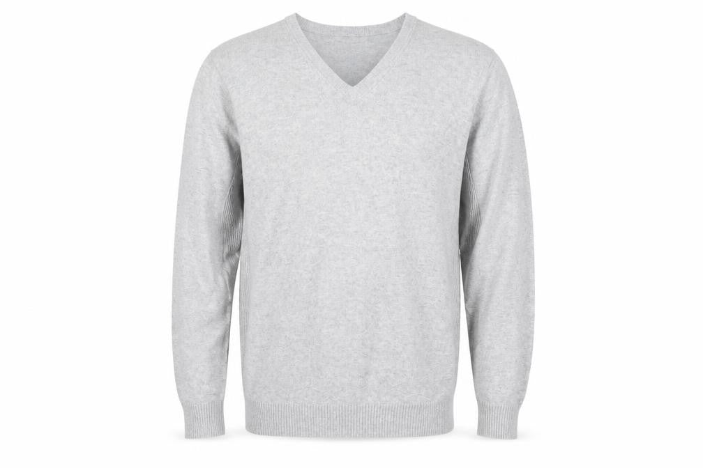 Front view of Morley Men’s Grey Cotton V-Neck jumper, size L