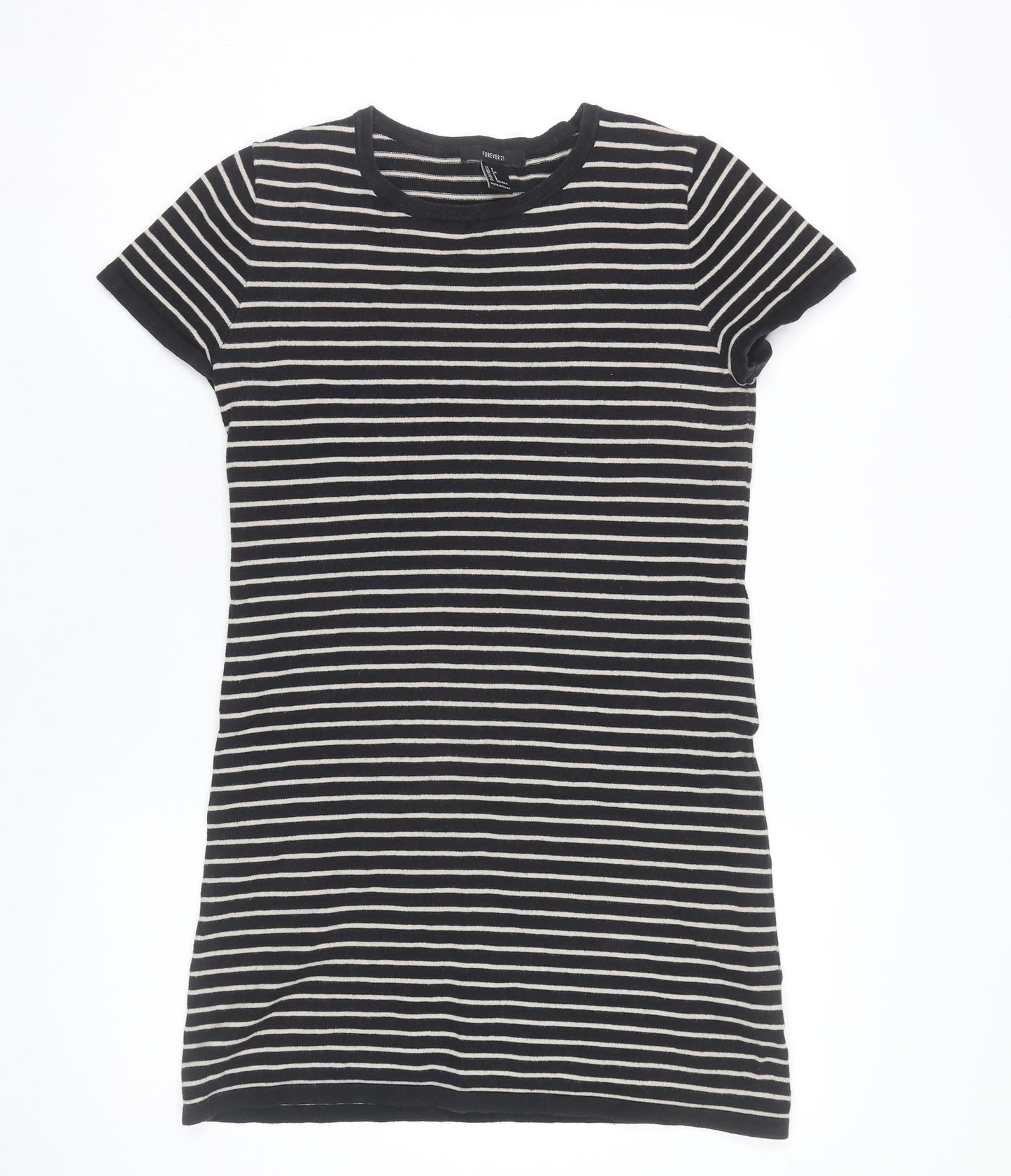 Forever 21 Women Black Striped Short Sleeve T-Shirt Dress Size S