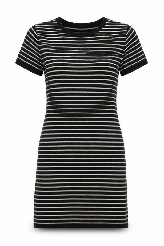 Front view of Forever 21 Women Black Striped Short Sleeve T-Shirt Dress, size S