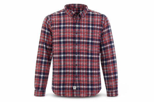 Front view of Shore Leave men’s red blue check flannel shirt, size L, long sleeve