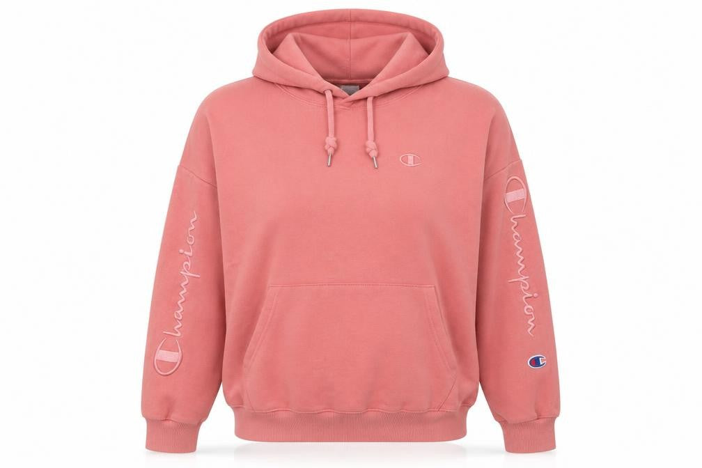 Front view of Champion women’s pink medium pullover hoodie embroidered logo cotton