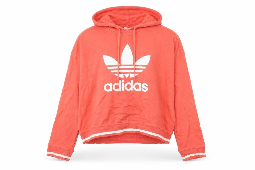 Front view of Adidas women’s orange pullover hoodie, size UK 12, logo sportswear