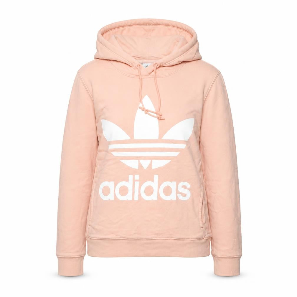 Front view of Adidas women’s pink pullover hoodie, size UK 6, uk logo print sweatshirt