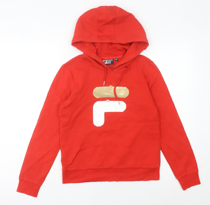 Fila White Line Women’s Red Hoodie UK 8 Logo Pullover Cotton Blend