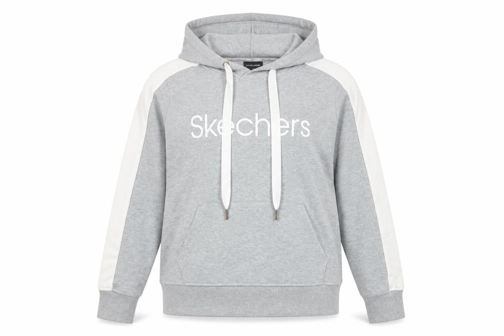 Front view of Skechers women’s grey hoodie, size UK 8, pullover logo hooded sweatshirt