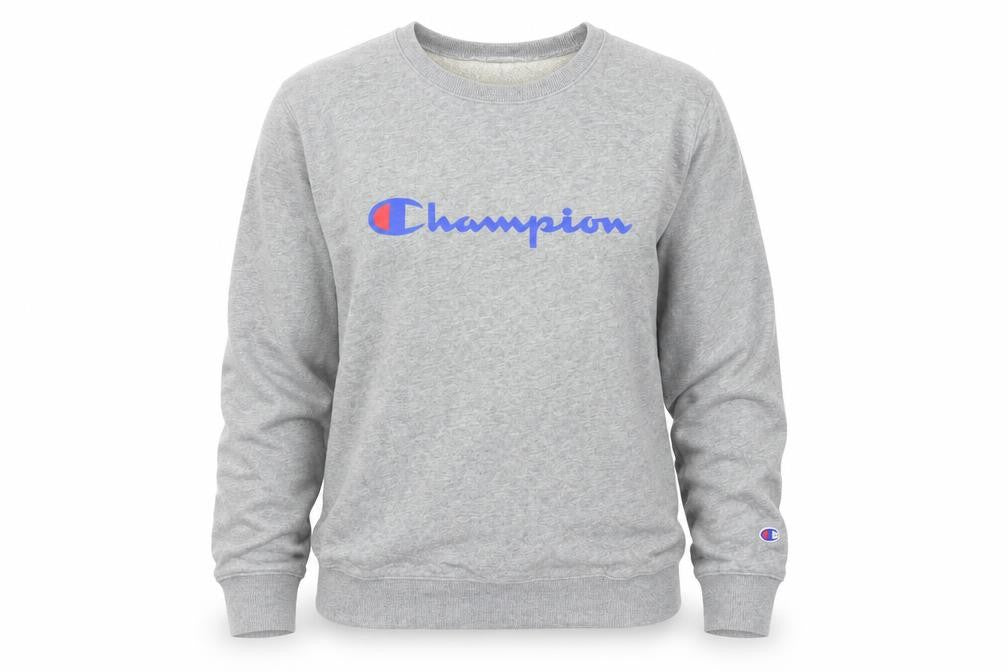 Front view of Champion women’s grey pullover sweatshirt l logo athletic casual