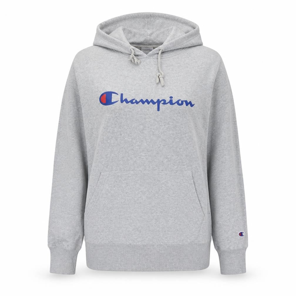 Front view of Champion women’s grey hoodie, size UK 14, pullover logo sportswear
