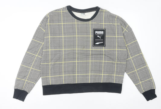 Front view of Puma women’s multicoloured check sweatshirt, size UK 12, long sleeve crew neck
