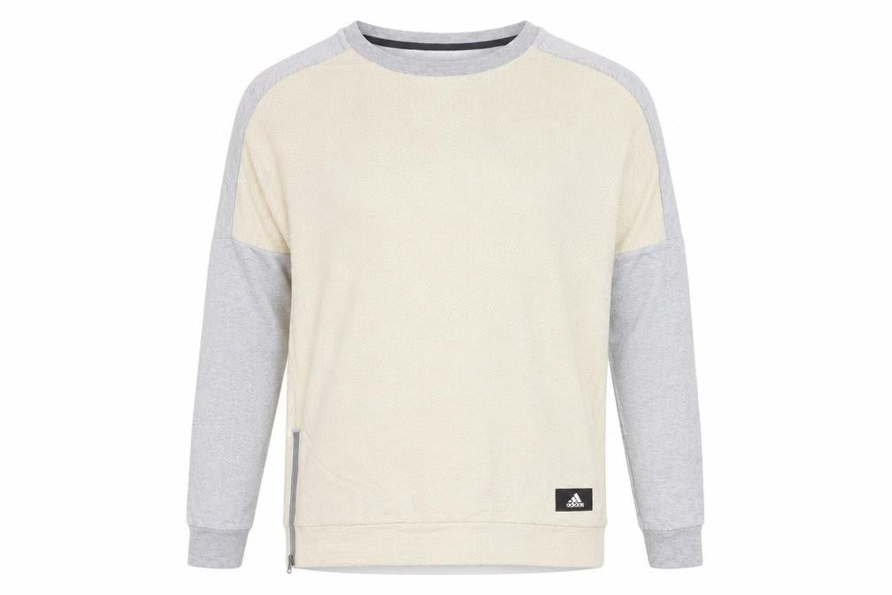 Front view of Adidas women’s grey beige sweatshirt, size UK 14, pullover raglan