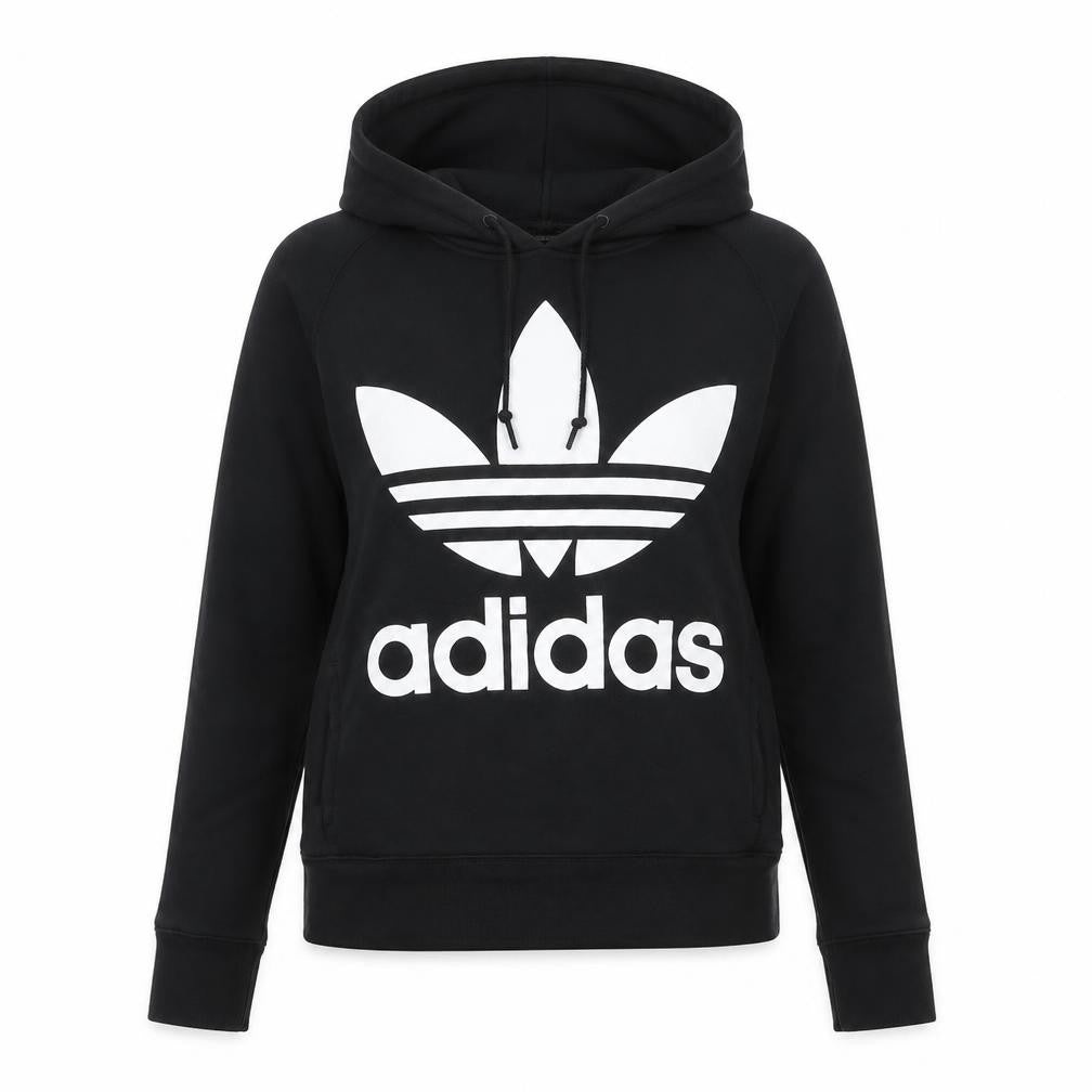 Front view of Adidas Women’s Black Trefoil Pullover Hoodie, size UK 10, Regular Fit