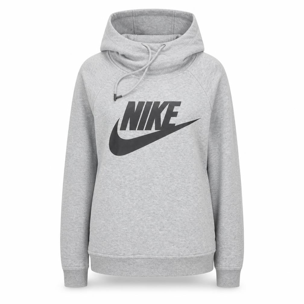 Front view of Nike women’s grey, size UK 6, pullover hoodie sweatshirt logo sportswear