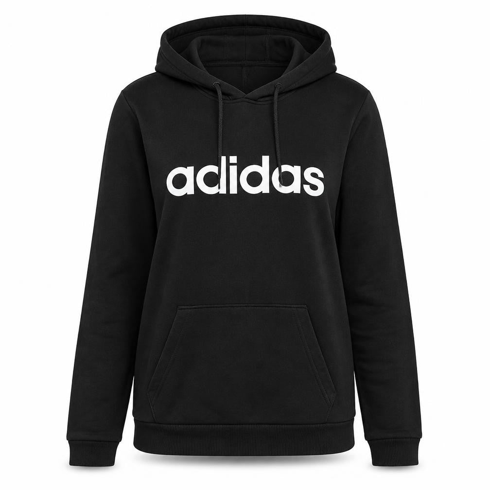 Front view of Adidas women’s black hoodie, size UK 8, pullover logo cotton blend