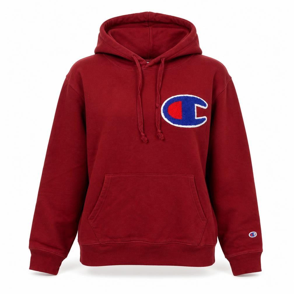 Front view of Champion women’s red pullover hoodie medium logo sports casual