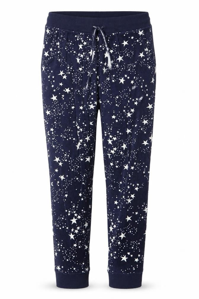 Front view of Jane and Bleecker women’s blue star print velour pyjama pants, size S