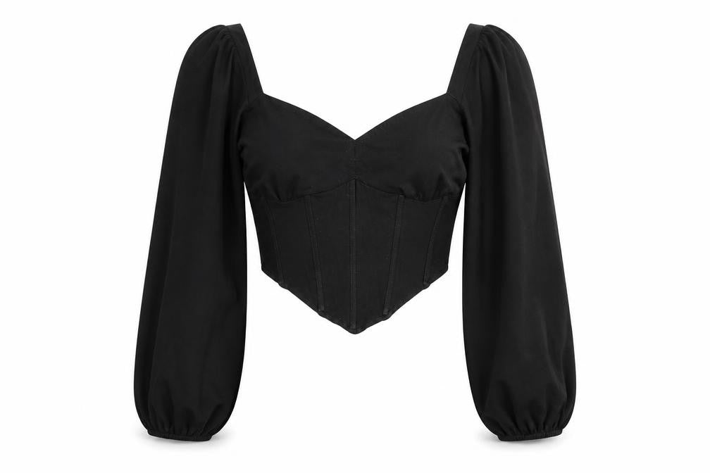 Front view of ASOS DESIGN Women Black, size 8, Cropped Puff Sleeve Blouse