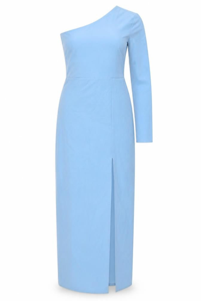 Front view of Vesper women’s blue one shoulder bodycon long dress, size UK 10