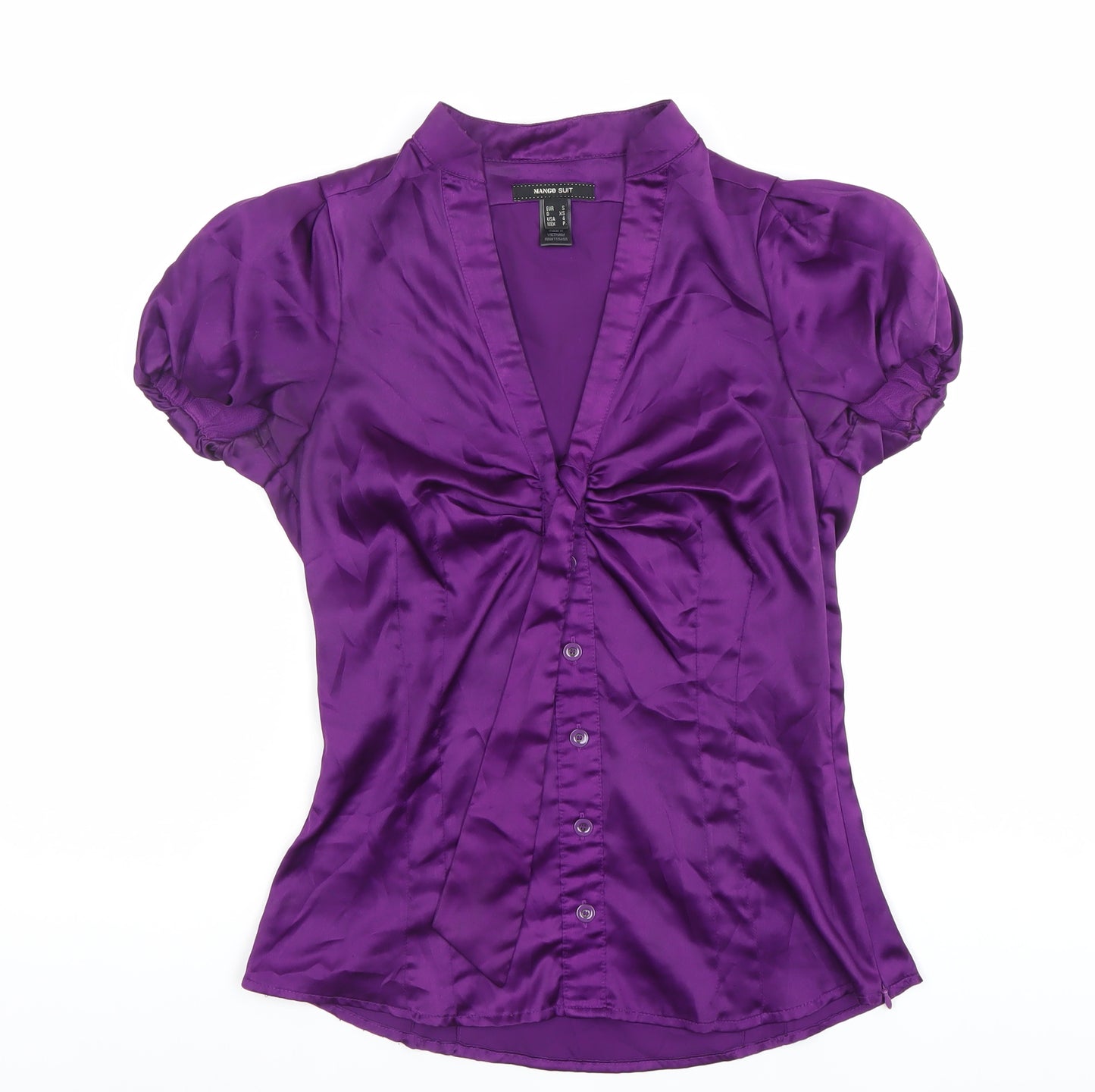 Mango Women’s Purple Satin Blouse Size 8 Puff Sleeve V-Neck
