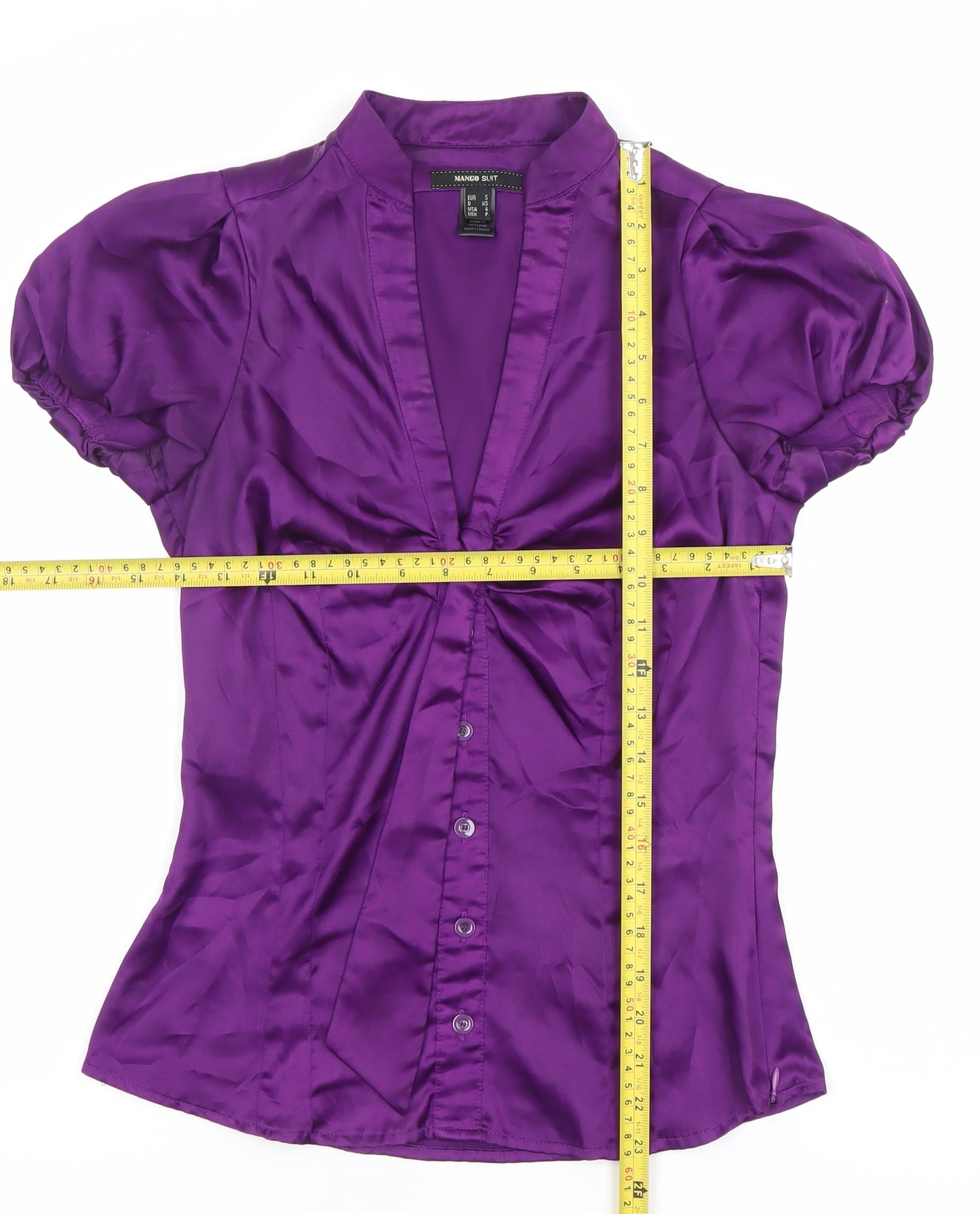Mango Women’s Purple Satin Blouse Size 8 Puff Sleeve V-Neck