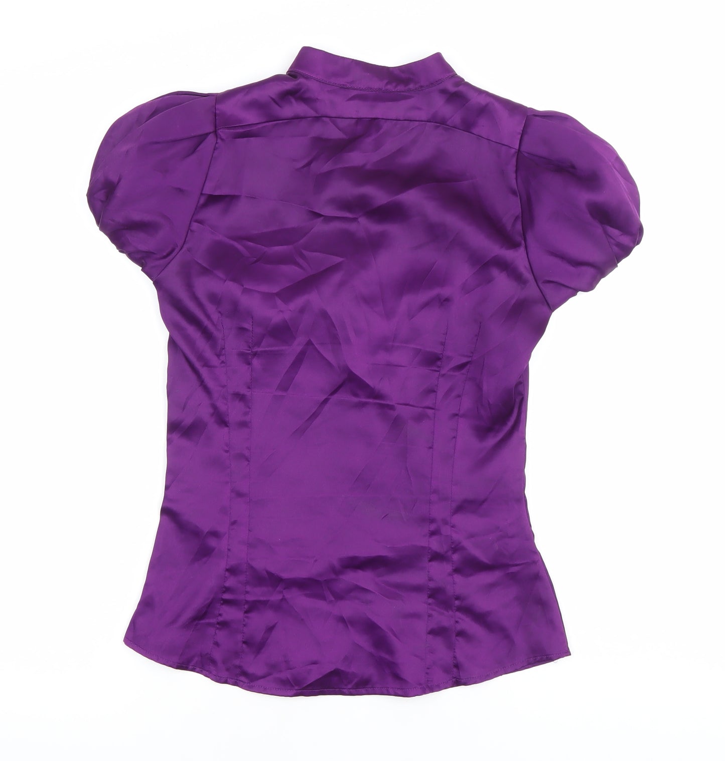 Mango Women’s Purple Satin Blouse Size 8 Puff Sleeve V-Neck